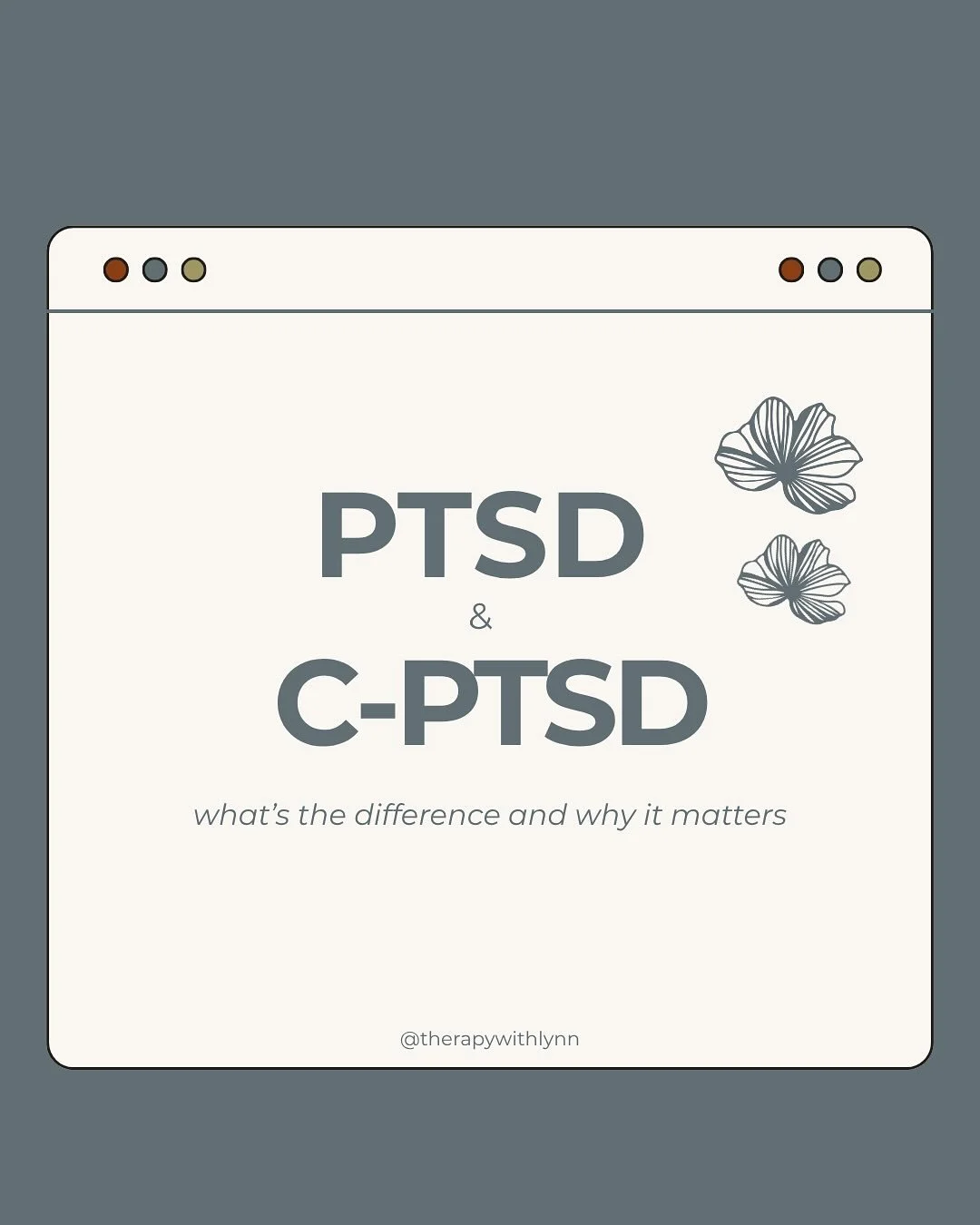 PTSD vs. C-PTSD
Both can develop after trauma, but from very different experiences.
PTSD often develops after a single overwhelming event.
C-PTSD comes from ongoing or repeated trauma, often in relationships or environments where safety was missing.
