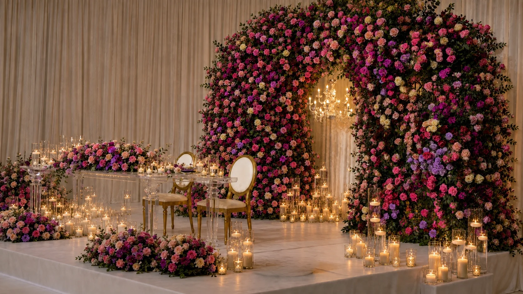 Luxurious wedding stage framed by a dense arch of pink, purple, blush, and cream roses, with two ivory chairs, a crystal chandelier, and dozens of glowing candles in clear glass holders.