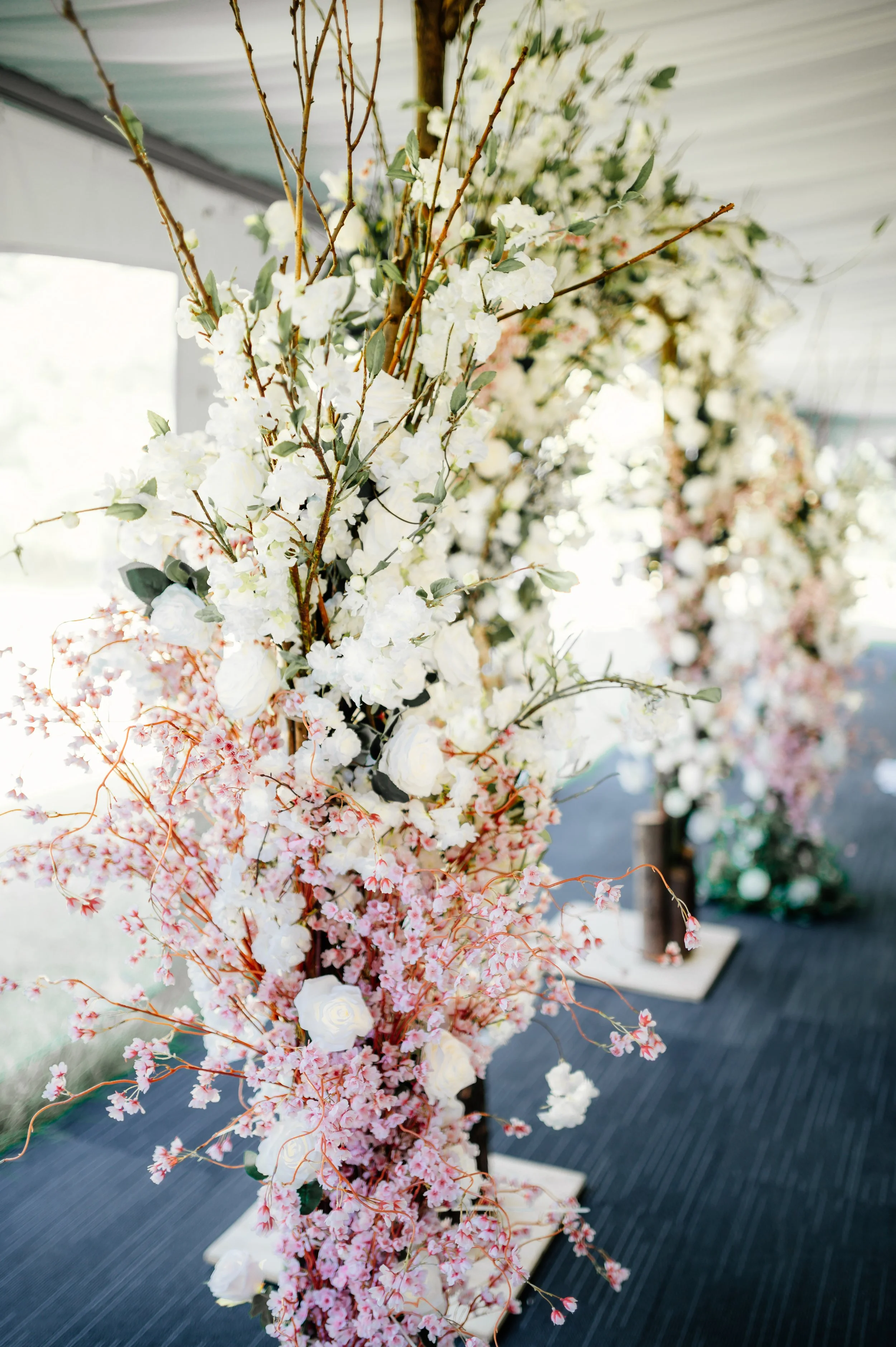 The luxury cherry blossom stage in wooden style emanates an enchanting allure, blending elegance and nature's beauty into a captivating scene.