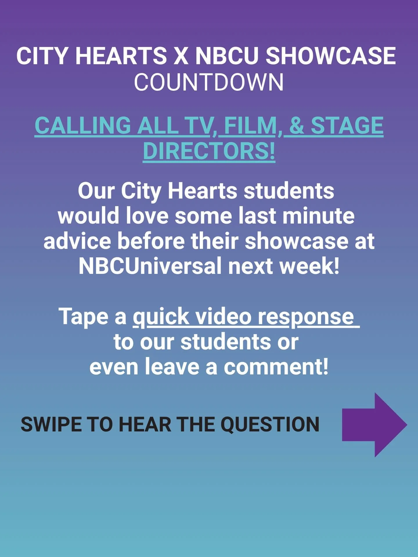 🚨CALLING ALL DIRECTORS🚨

Got 30 seconds to spare to send a video response to this question? Our high school actors who are preparing for next week's NBCUniversl Showcase would love to hear from you! 💜