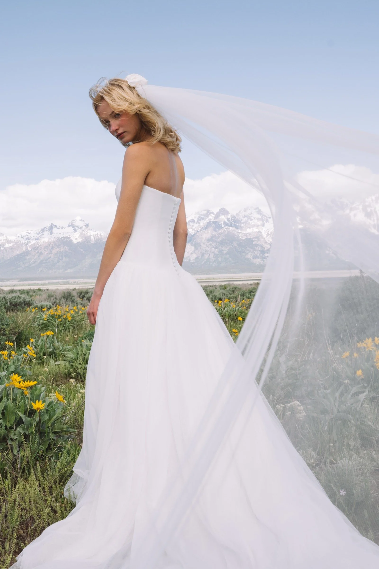 Detail des Brooks Brautkleides von Jenny Yoo mit Knöpfen am Oberteil