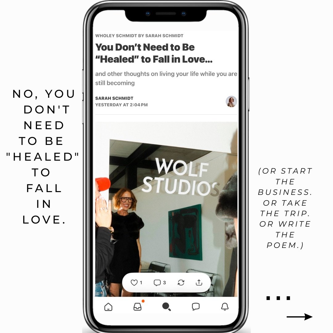 the idea that you need to be fully healed before you can fall in love, start the thing, or put yourself out there? it&rsquo;s perfectionism dressed up as self-awareness.
healing happens in life &mdash; not before it. 

new essay is up on Substack (li