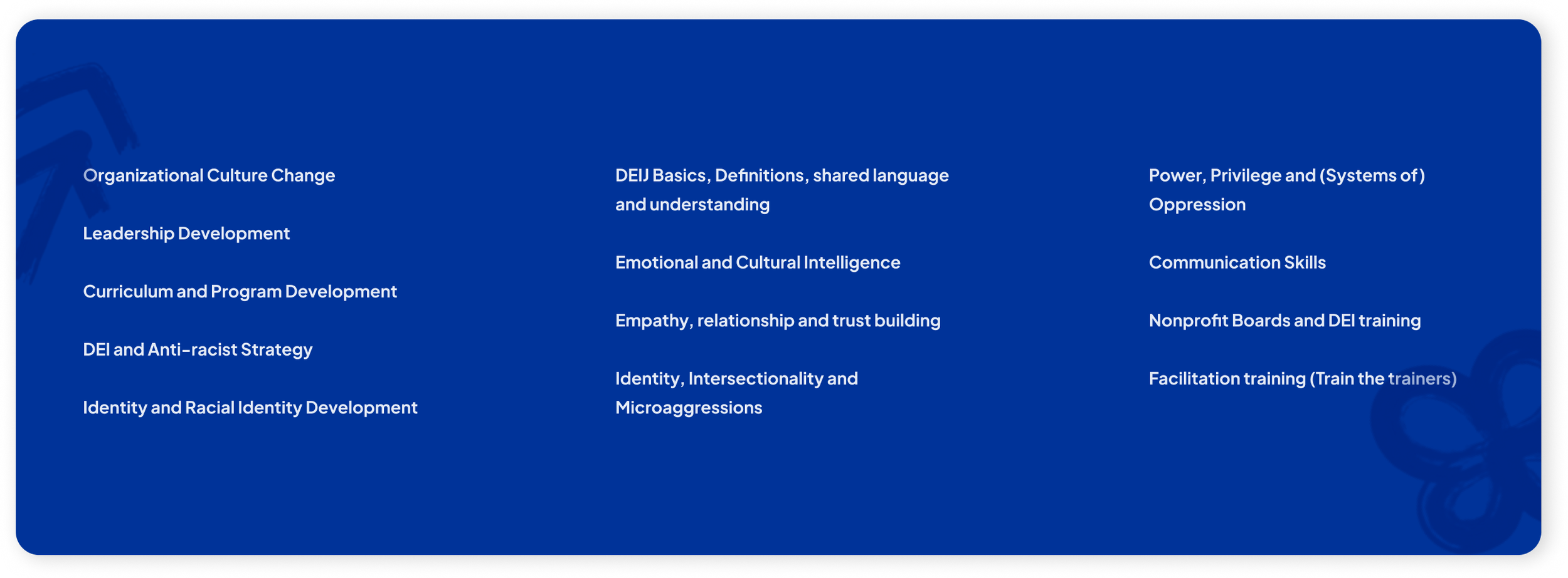 Topics and skills outlined that could possibly be included in services at RIC