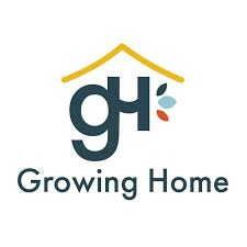 Logo for Growing Home featuring stylized house and movable letters 'gh' with a small water droplet design.