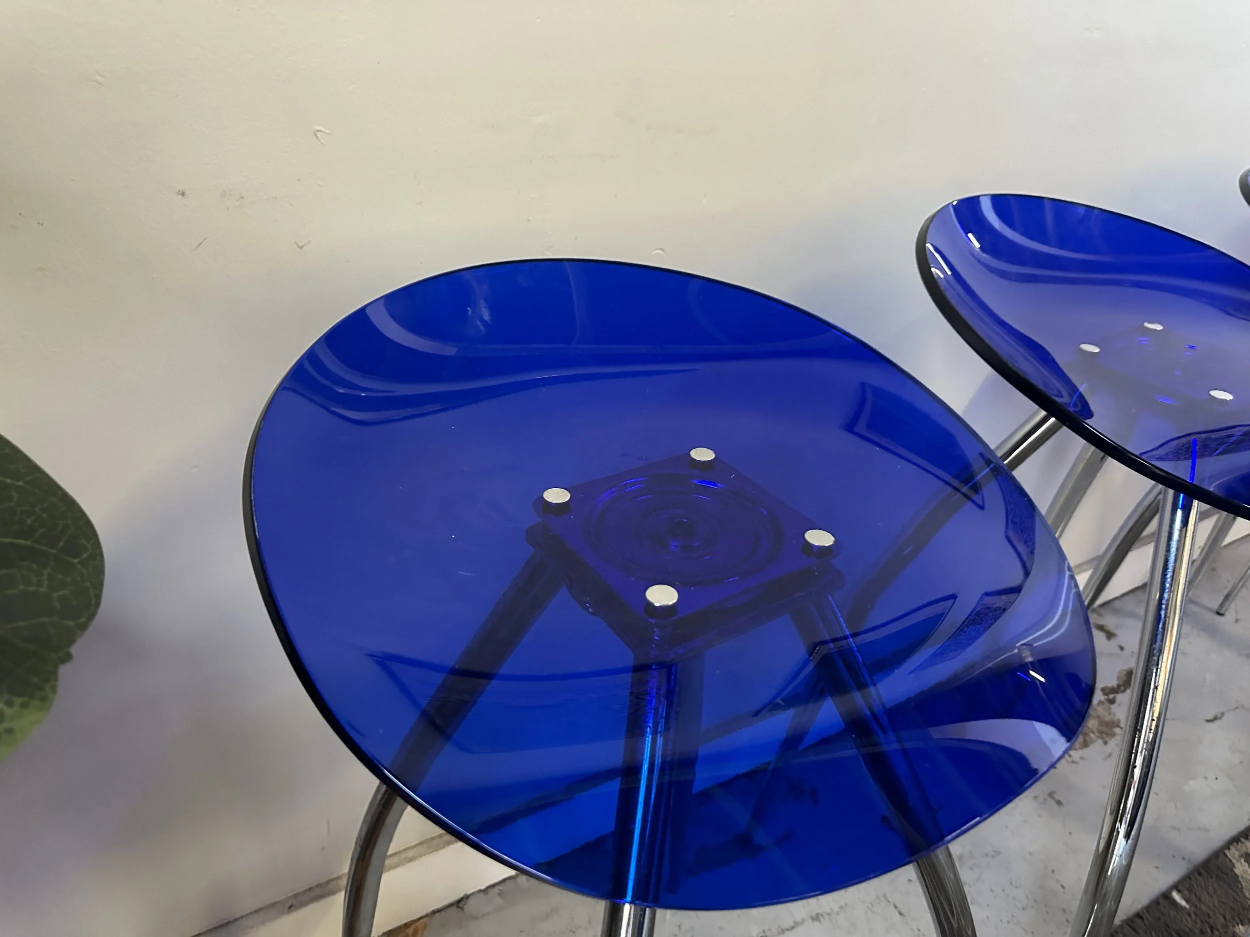 Vintage Blue Acrylic Swiveling Barstools Palm Grove Furniture