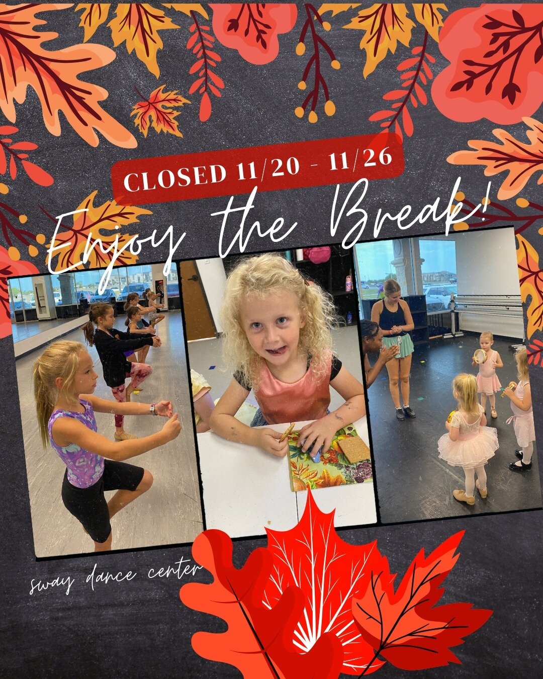 ENJOY THE BREAK! 🙌🍂

Sway is closed all week for the holiday! Rest up and we'll see you in the studio on Monday, November 27th! ❤️