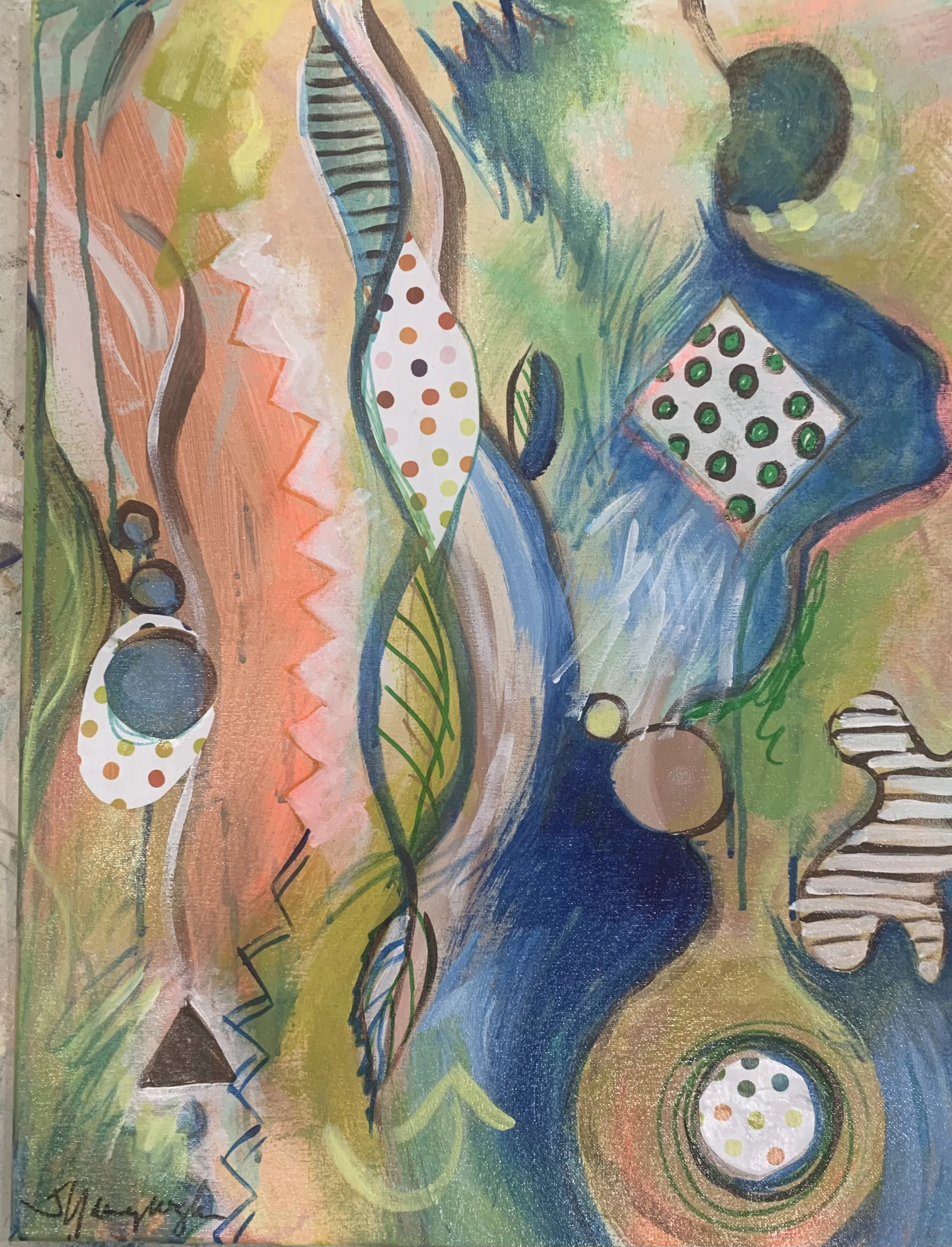 Flora Polkadotus,
18" x 24", Acrylic and paper on canvas

