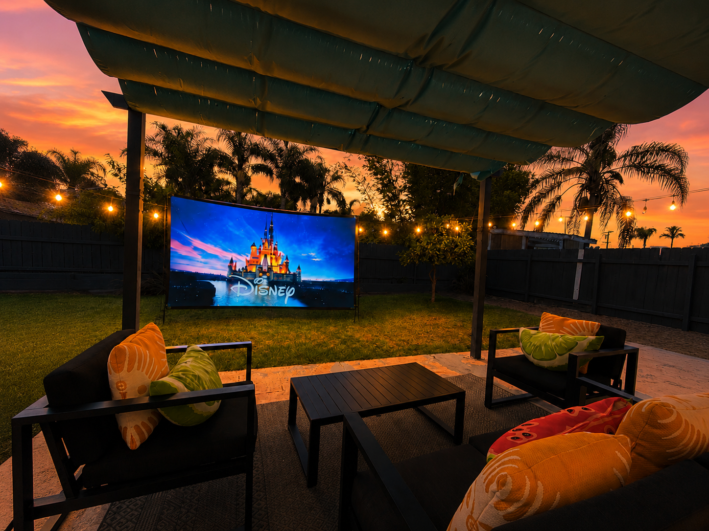 Outdoor home theater setup in a backyard with plush seating, colorful fruit-themed pillows, a large screen displaying "Disney", palm trees, string lights, and a wooden fence in the background.
