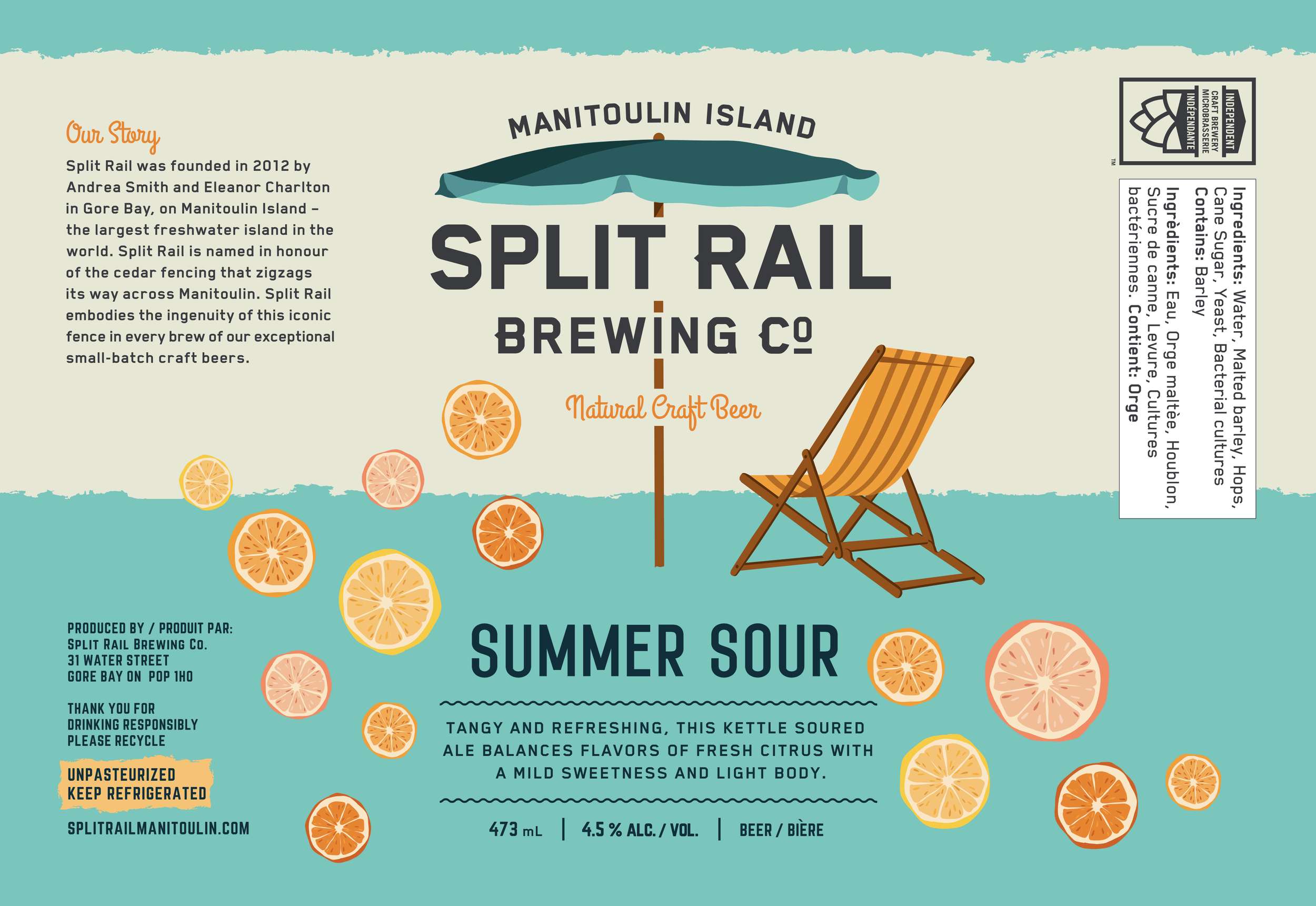 Split Rail Summer Sour Label Design - turquoise with a sun umbrella, folding chair and citrus slices across the can.