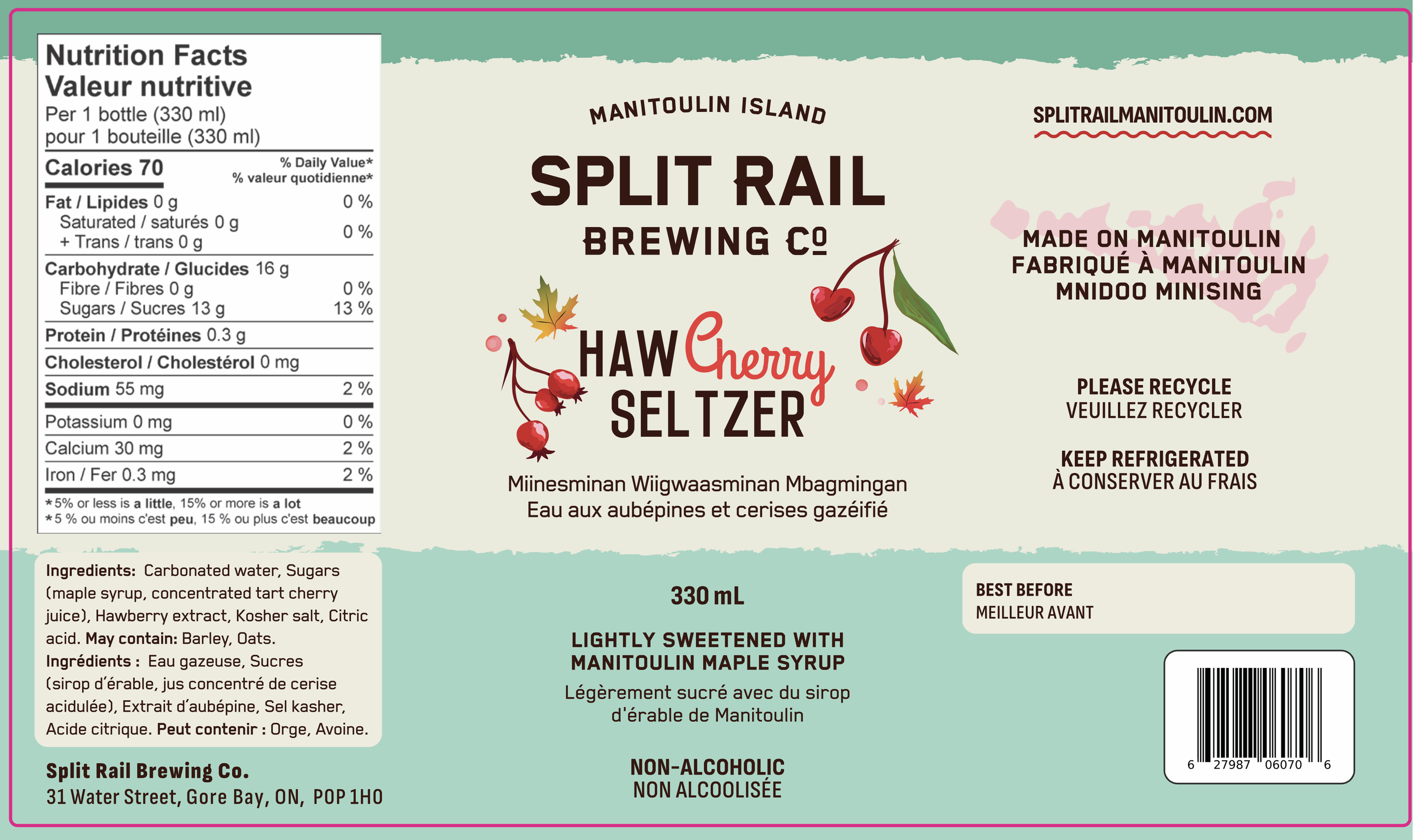 HawCherry Seltzer label, it's turquoise with cherries, hawberries and maple leaves  around the text.