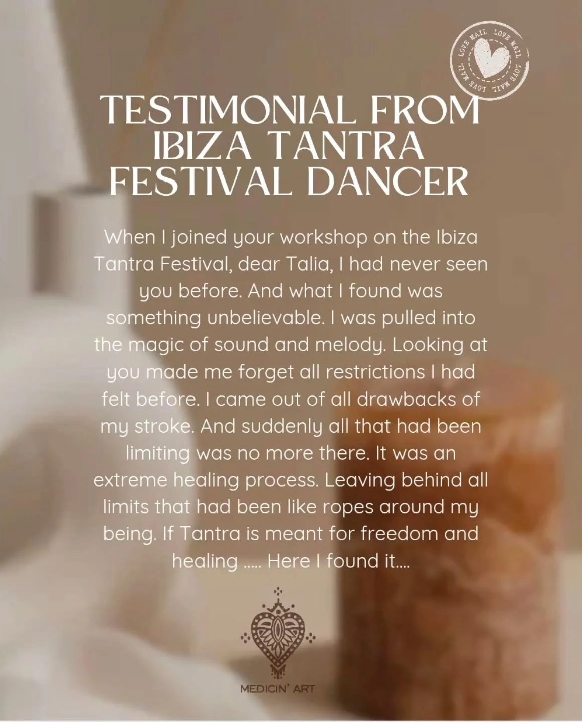 ✨️ TESTIMONIAL FROM DANCER 💃
What a beautiful sharing of the heart. Knowing that this heals bodies fills me with gratitude!
Thank you @ibizatantrafestival for this wonderful space of Connection, Healing and Consciousness ❤️

#testimonial #dancers #j
