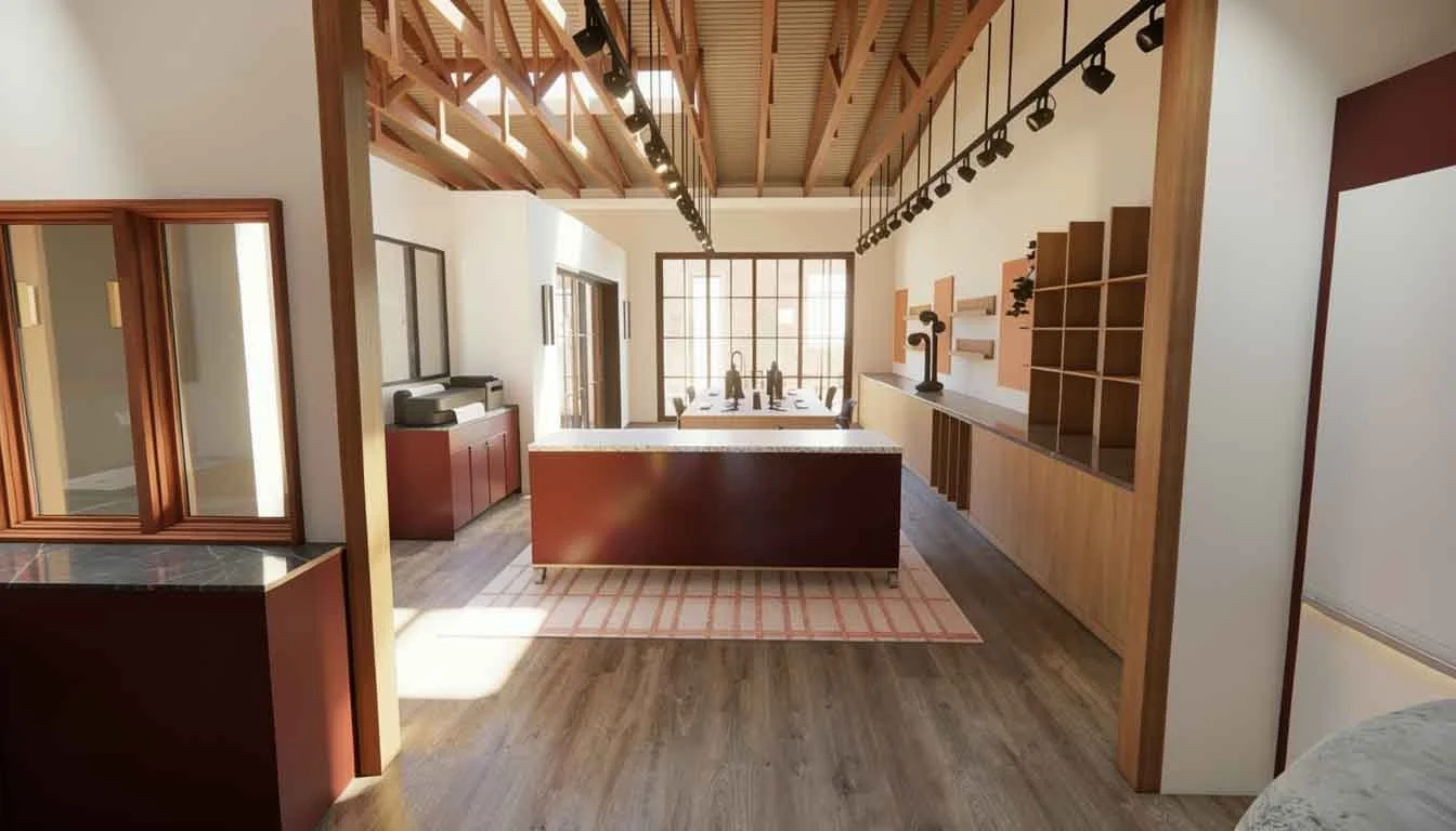 lighting kitchen materials flooring and hardware on display in the Pasadena Showroom