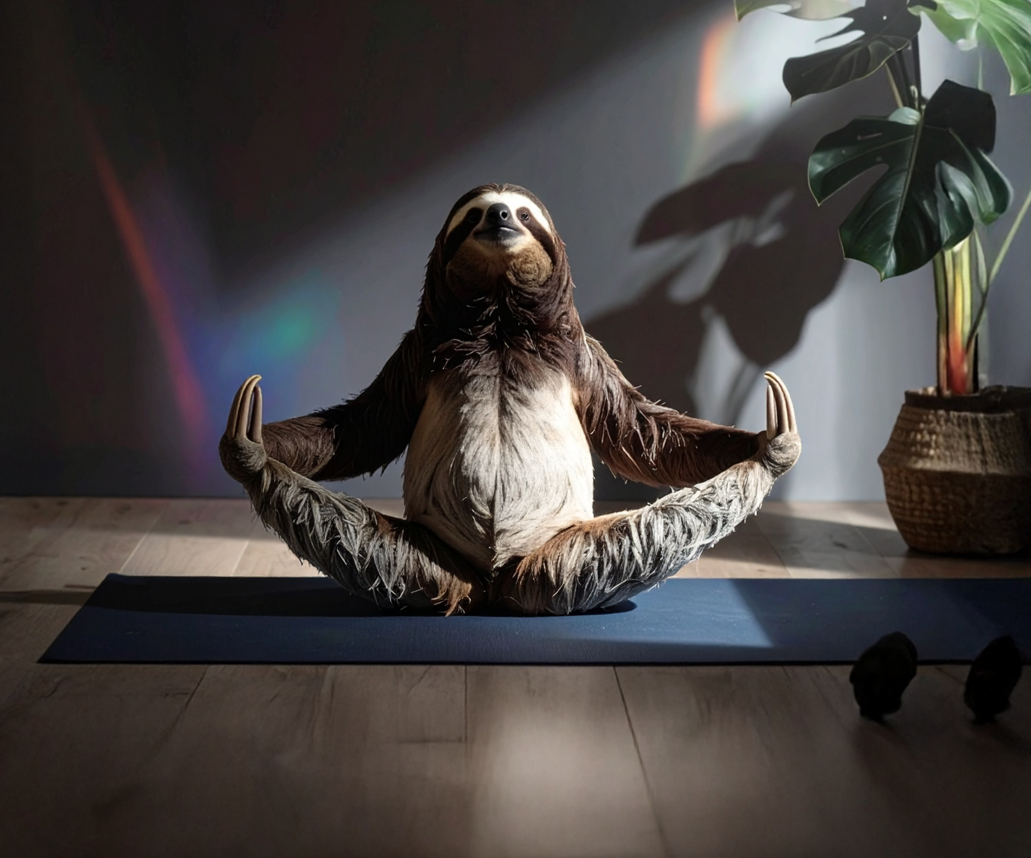 A yoga mat on a wooden floor with a realistic sloth pose figure sitting cross-legged, arms raised, in a yoga posture, with green plants in the background and sunlight creating rainbow-like light patterns on the dark wall.