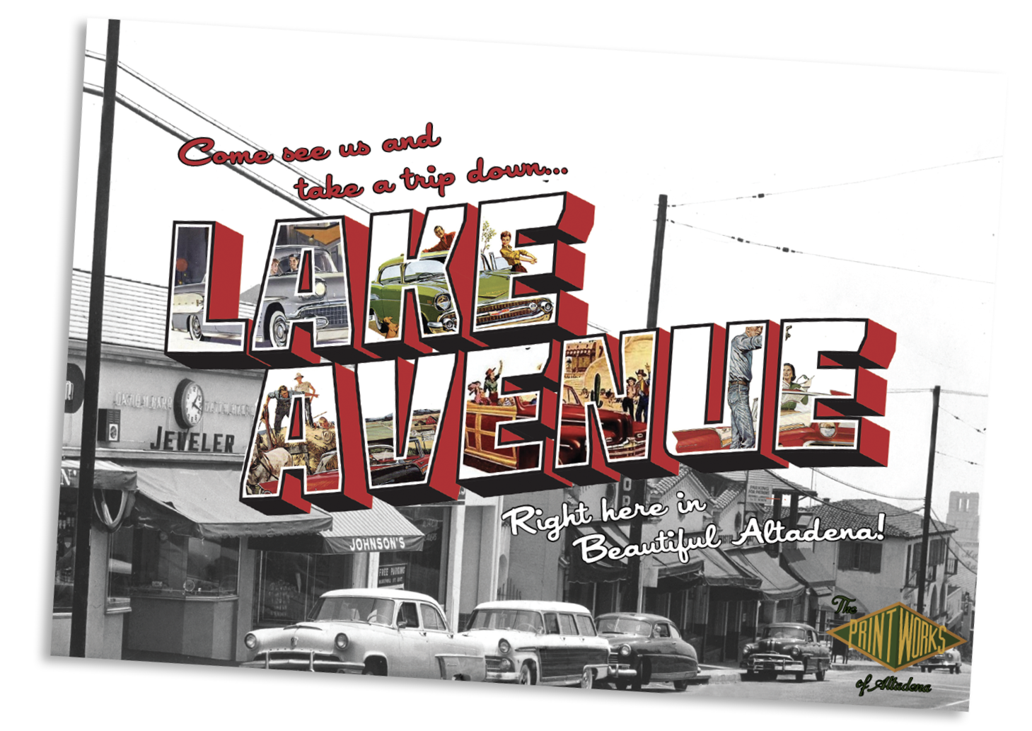 A vintage-style sign for Lake Avenue with 3D block letters featuring images of classic cars, decorated with scenes of people in historical attire, advertising a trip down Lake Avenue in Altadena.