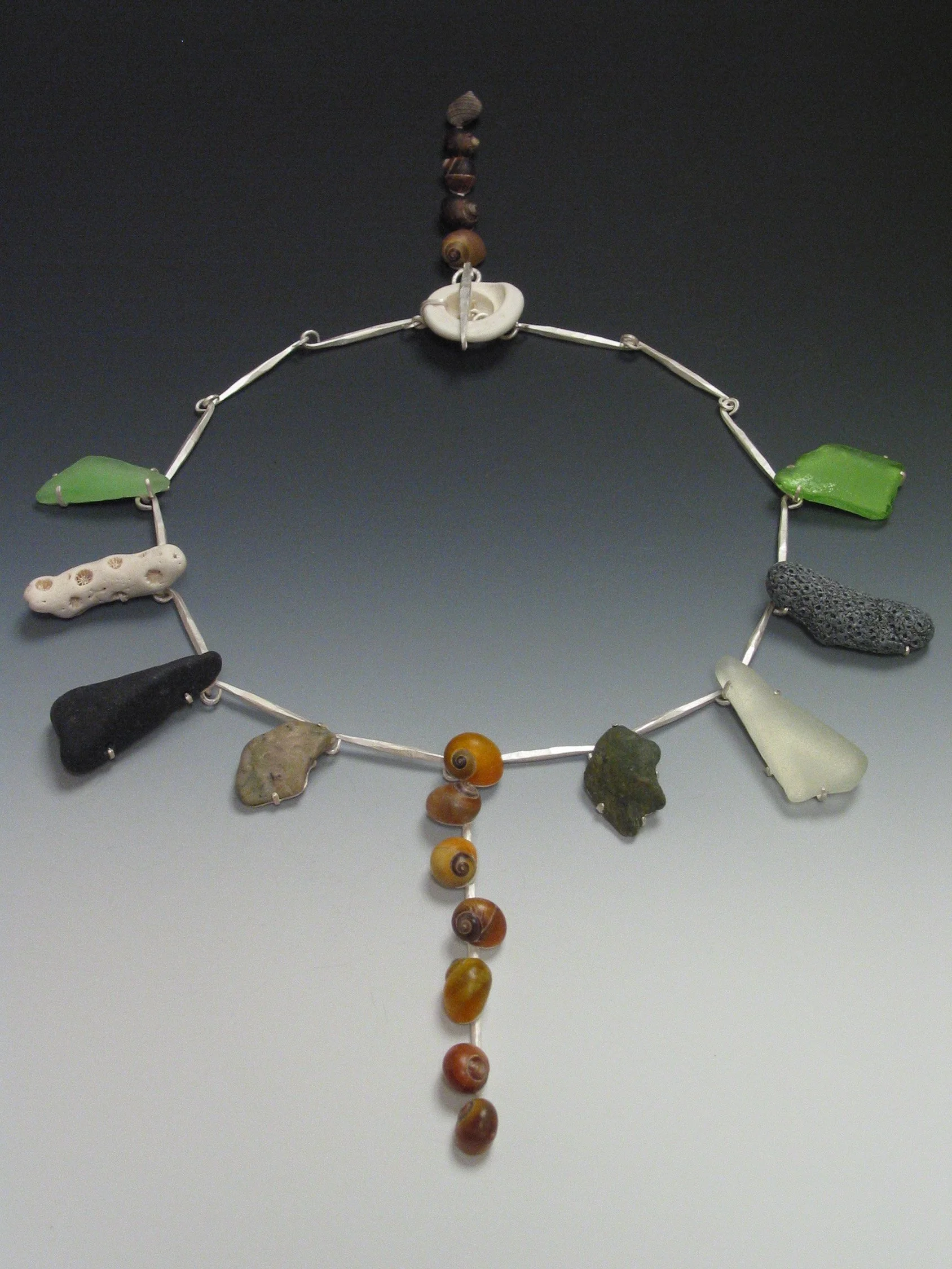 ISLANDS   |   beach stones, coral, periwinkles, sea glass, shell fragment, silver