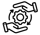 Two hands surrounding a gear icon, representing teamwork or collaboration in a technical or operational context.