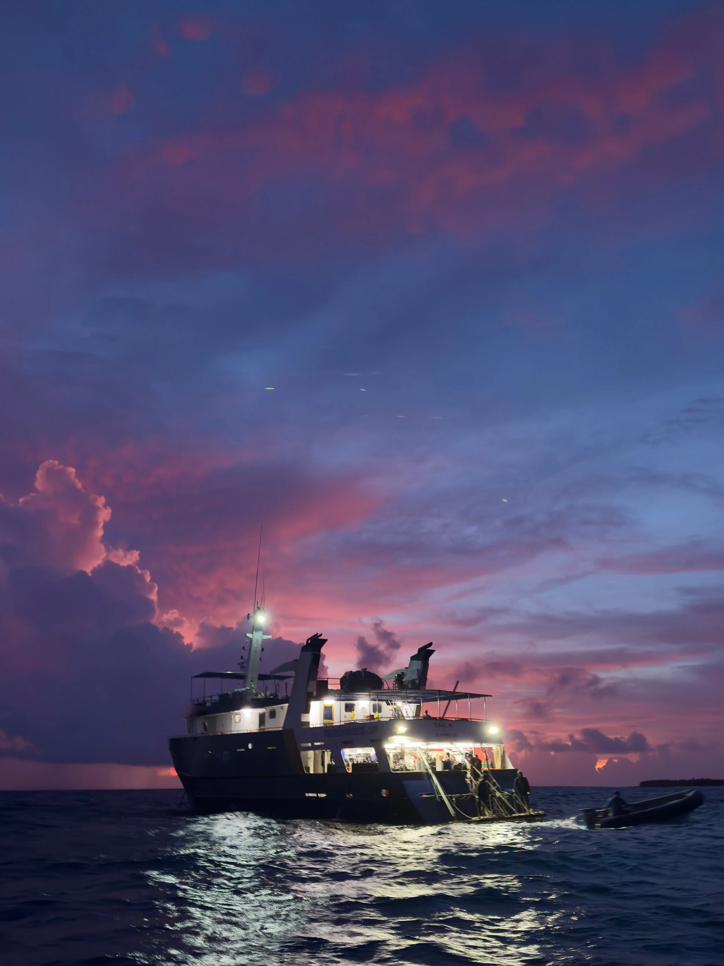 Sunset on Bikini Atoll with the M/V Taka during expedition XX500 (photo: Barry Ewers)