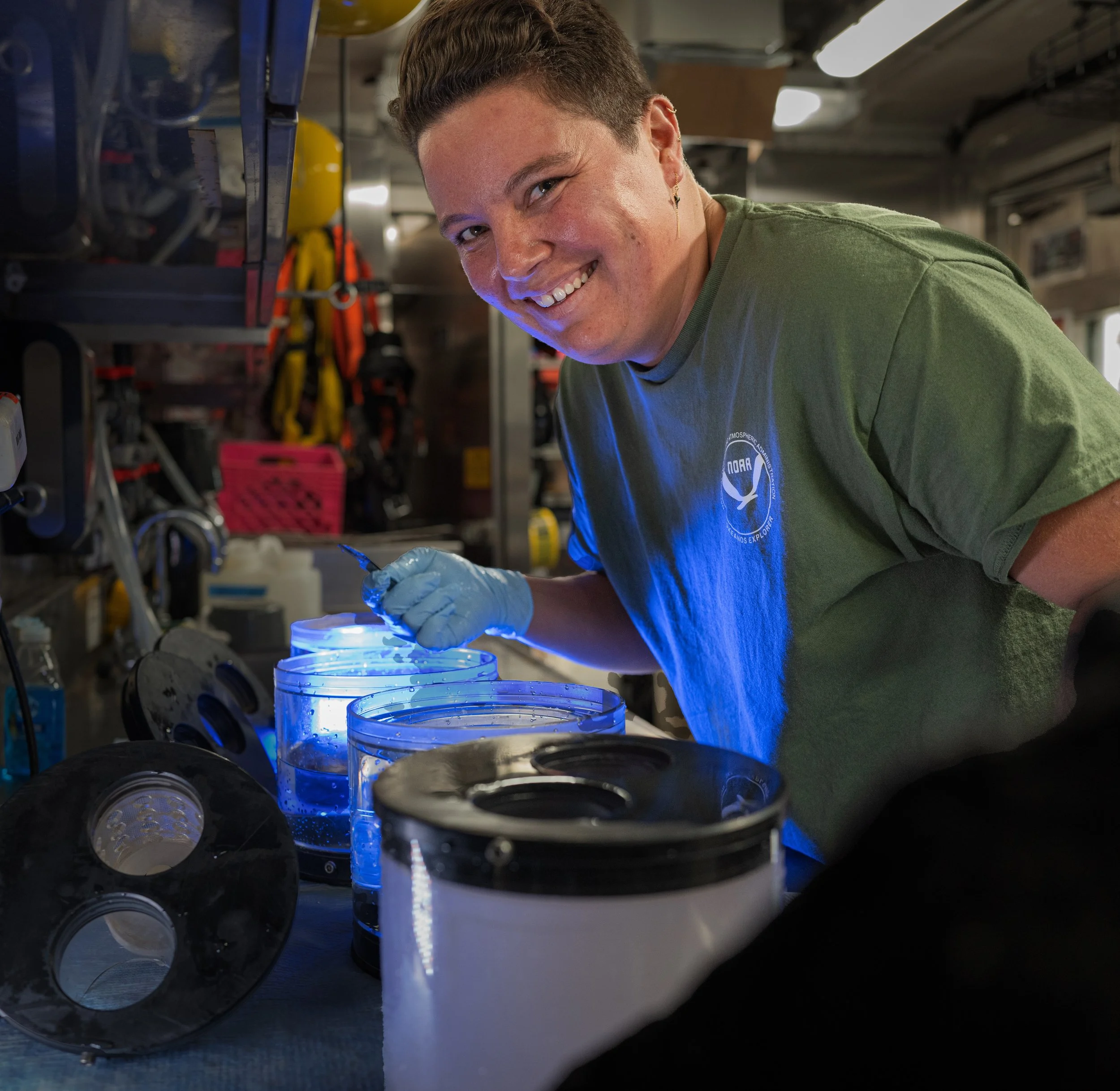 Sara subsampling deep-sea sediments onboard NOAA Ship Okeanos Explorer during EX2503