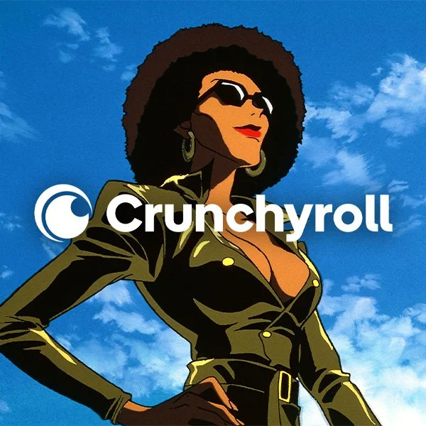 Stylized illustration of a confident woman with curly hair, wearing sunglasses, earrings, and a shiny green jacket, with a bright blue sky background and the Crunchyroll logo.