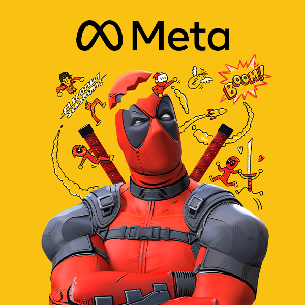Deadpool with arms crossed, surrounded by comic-style animations and the Meta logo on a yellow background.