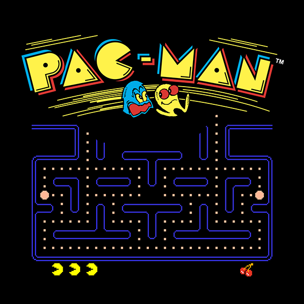Classic Pac-Man arcade game screen featuring a maze, Pac-Man, dots, cherries, and ghost characters, with Pac-Man eating dots at the bottom left corner.