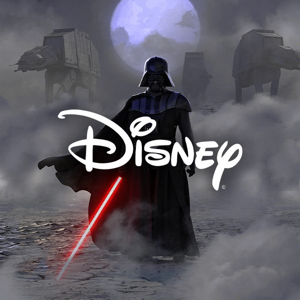 Darth Vader standing in a foggy landscape with the Disney logo in front, TIE fighters in the background, under a full moon.