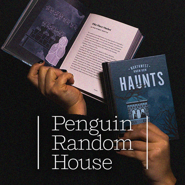 A person is holding an open book with a page featuring text and illustrations, and a closed book titled 'Haunts' by Northwest Know-How. The background is dark, and the person's hands are visible. Overlaid text reads 'Penguin Random House.'
