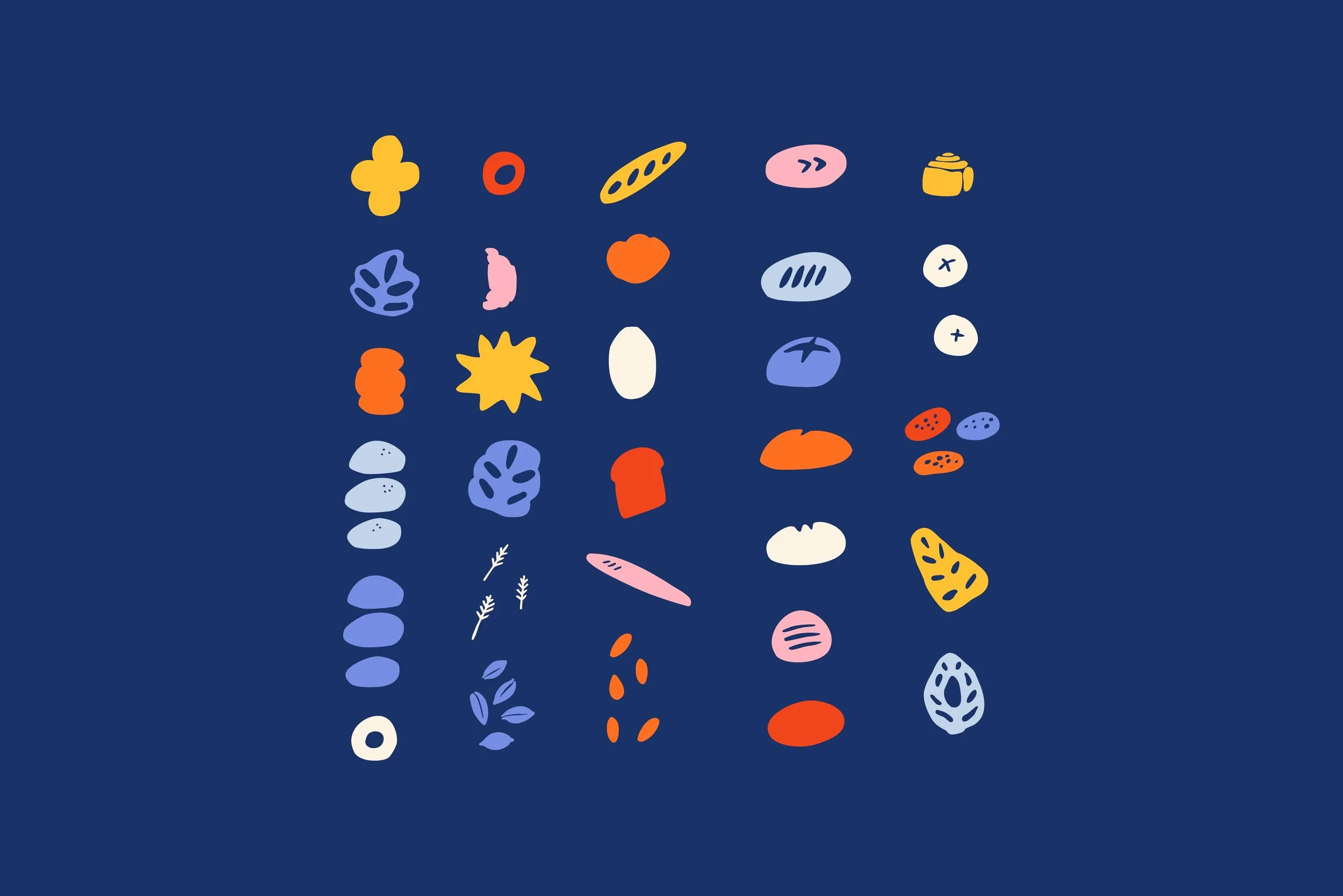 Colorful abstract shapes and patterns on a dark blue background.