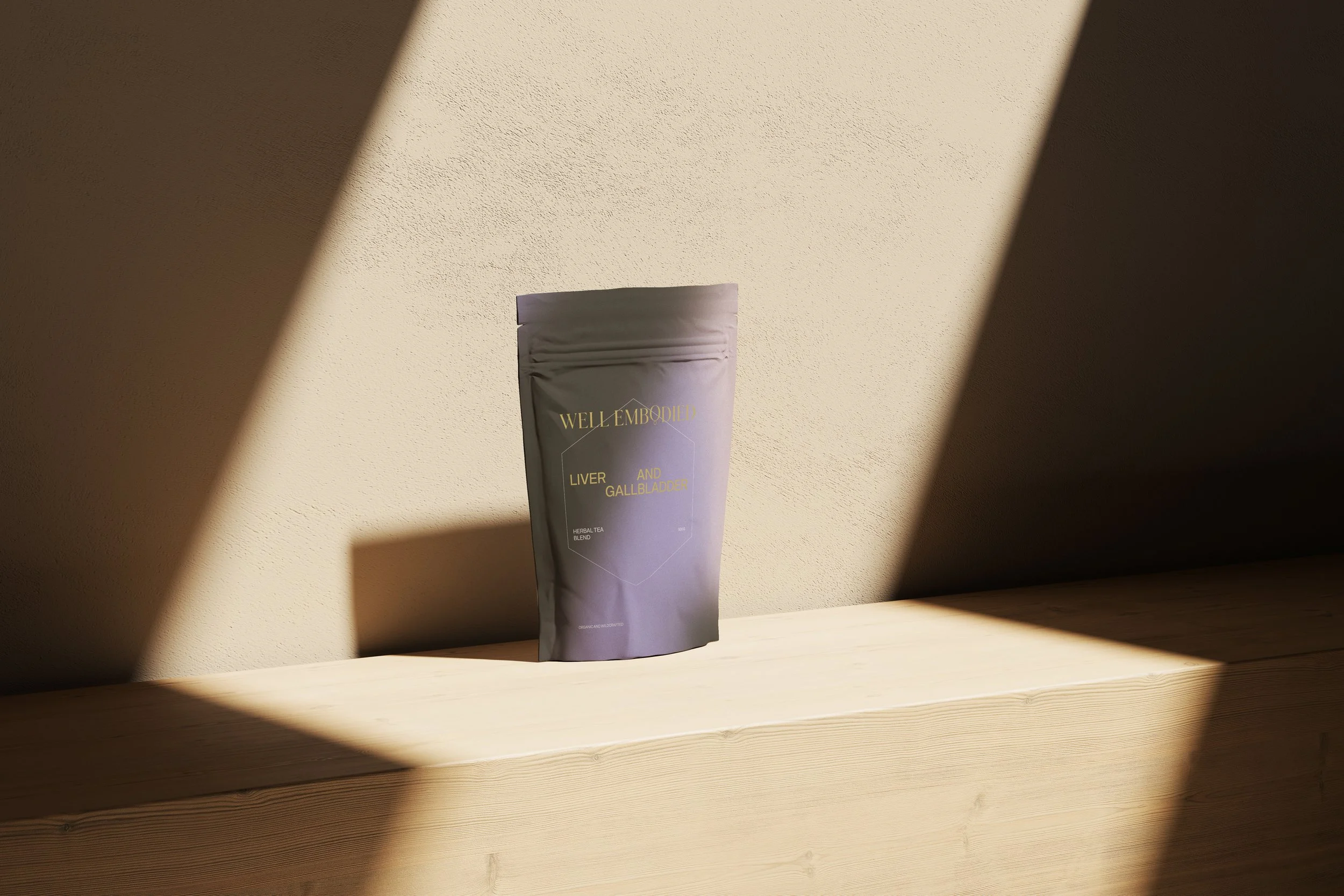 Packaging design for Well Embodied herbal tea featuring a minimalist stand-up pouch with natural, premium branding.