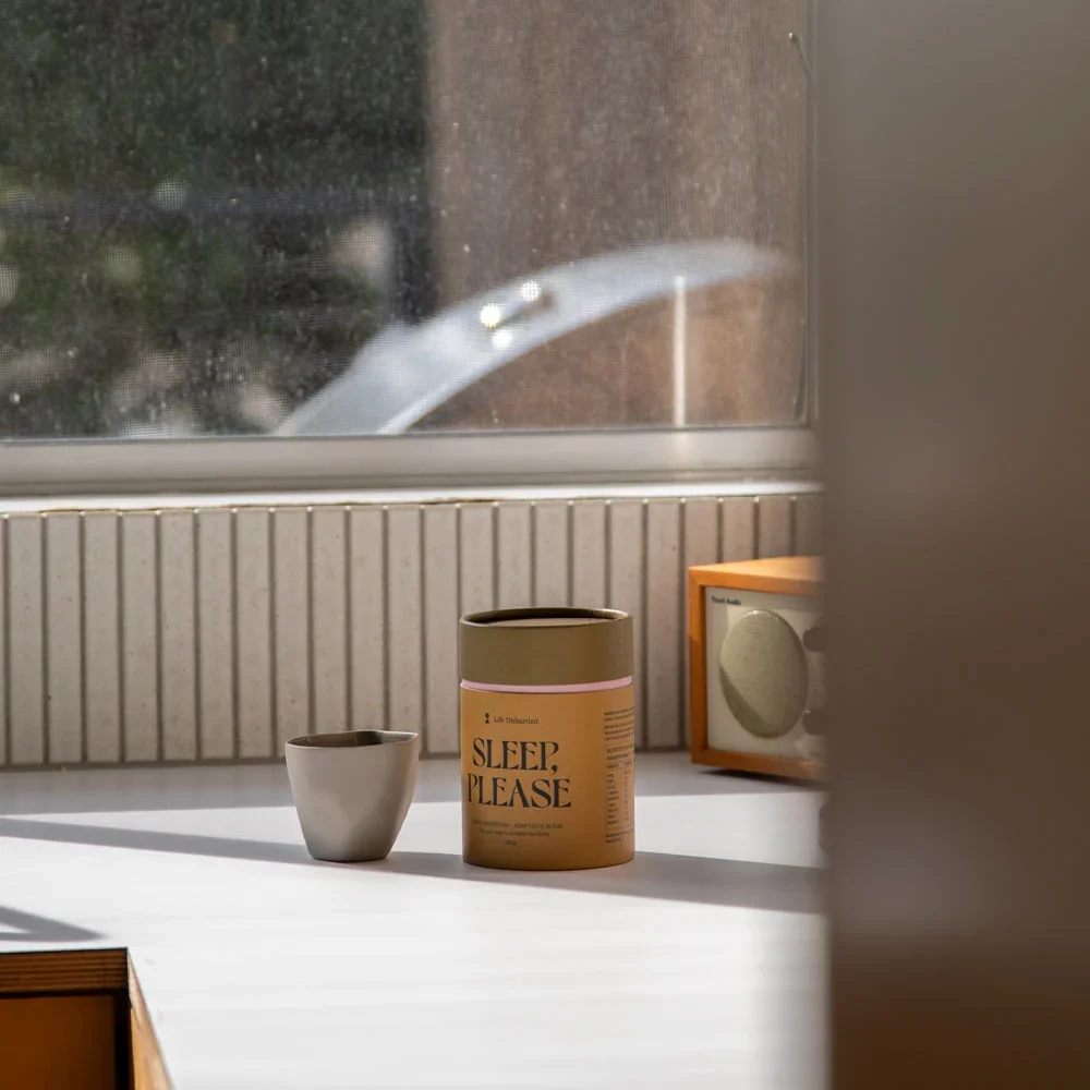 Discover SLEEP, PLEASE by Life Unhurried — a natural sleep cacao and adaptogen blend with calm, elevated packaging designed by Born by Subtraction. Slow down, sip, and unwind tonight.