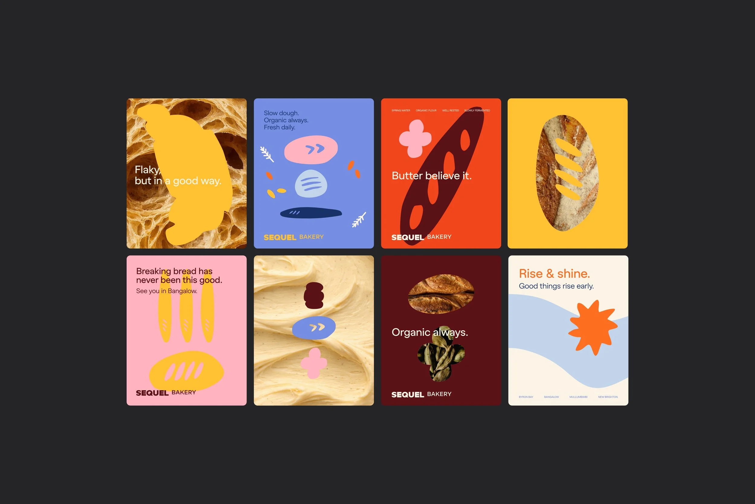A digital display showing various bakery advertisements with colorful backgrounds and images of baked goods.