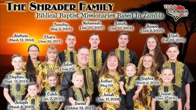 Family photo of the Shrader family, members aged from childhood to adulthood, wearing matching traditional African clothing, standing outdoors in front of a landscape with trees and water, with text describing their names and birthdates, and mentioning their mission work in Zambia for planting new churches in Africa.