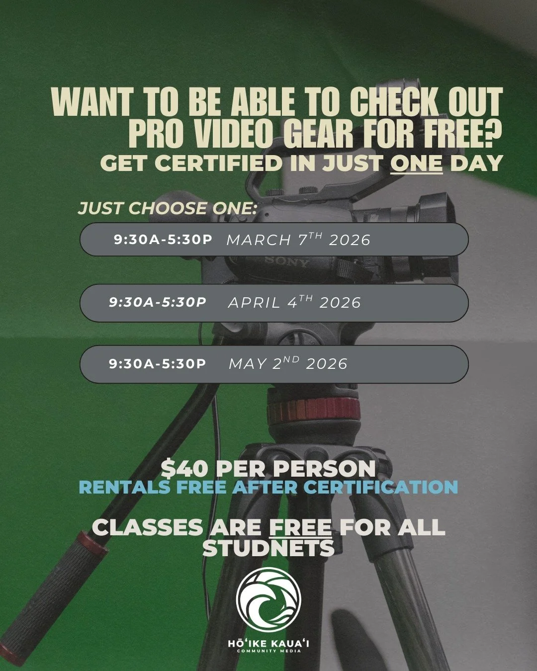 We&rsquo;re launching Group Production Certification Courses on the first Saturday of every month 🎥
Get certified in one day with a small crew and skip the scheduling chaos.
Free for students, $40 for adults. Limited spots, grab yours early.

Link i
