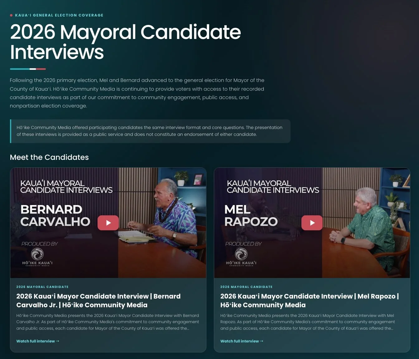 🗳️ The 2026 General Election is approaching, and informed voters make stronger communities.

Hōʻike Community Media sat down with Kauaʻi&rsquo;s mayoral candidates to discuss the issues that matter most to our island. Hear each candidate answer the 