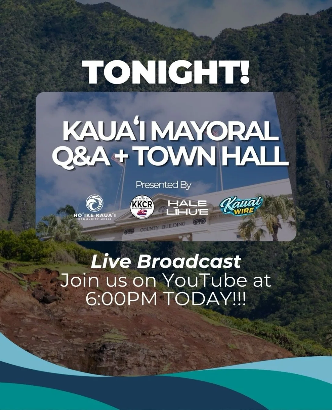 🔴 LIVE TODAY: Kauaʻi Mayoral Town Hall &amp; Q&amp;A

Tonight&rsquo;s planned mayoral debate has shifted to a Town Hall &amp; Q&amp;A with Mel Rapozo, giving the community an opportunity to hear directly from the candidate about issues facing Kauaʻi