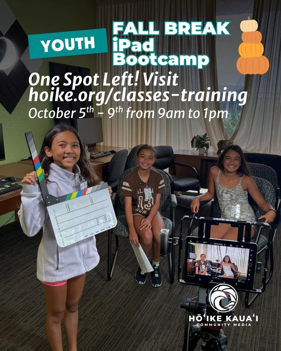 🎬 ONE SPOT LEFT! 🍂📱

Our Fall Break Youth iPad Bootcamp is almost full! Students will spend the week learning the basics of video production, getting hands-on with filming, storytelling, teamwork, and editing while creating their own project.
📅 O