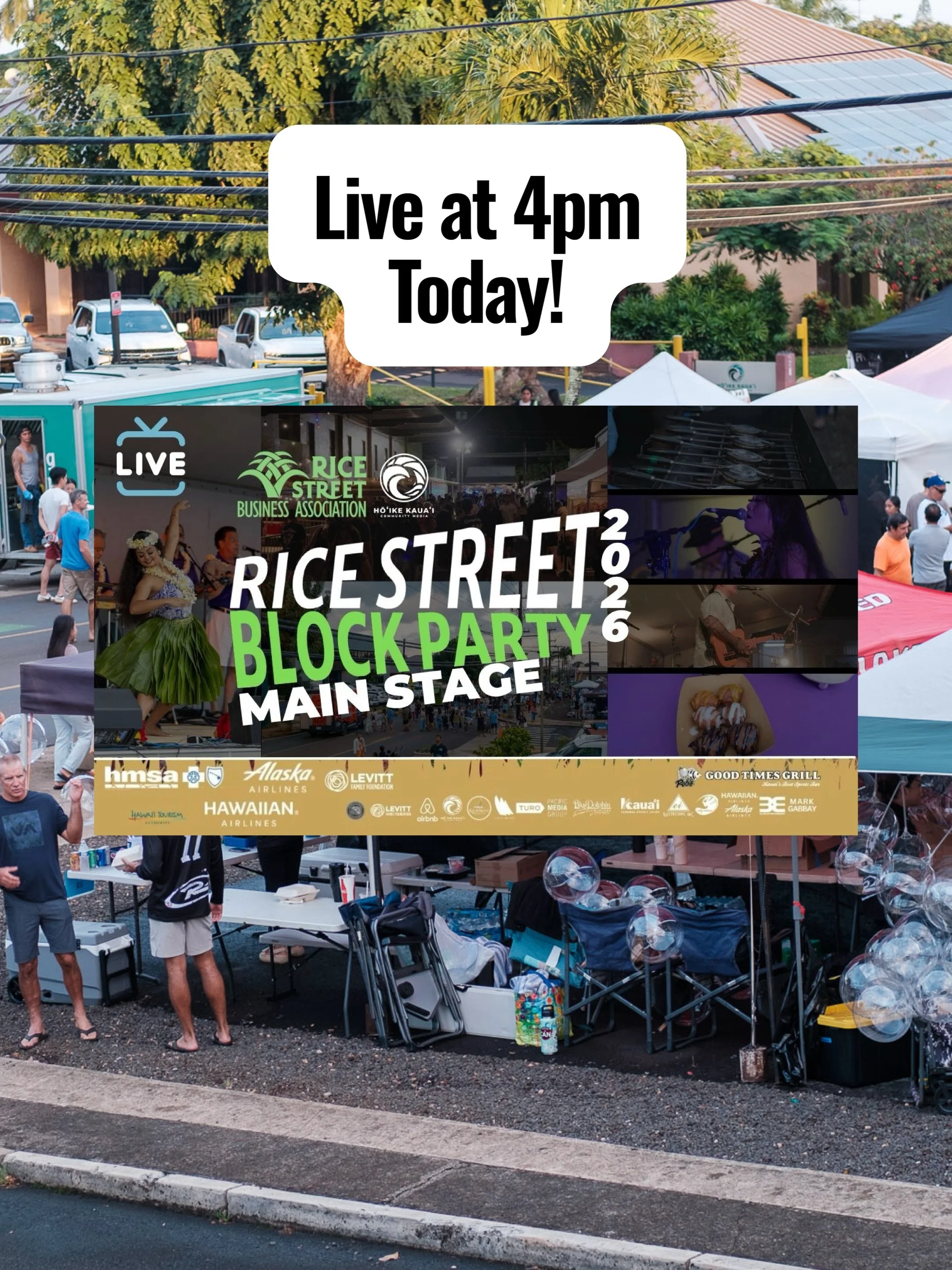 🔴 LIVE at 4pm today! 🔴

Rice Street Block Party Main Stage is going live from downtown Līhuʻe 🌺🎶

Live music, hula, and all the good vibes, whether you&rsquo;re on Rice Street or watching from home 🤙

📺 Tune in: link in bio
📍 Rice Street, Līhu