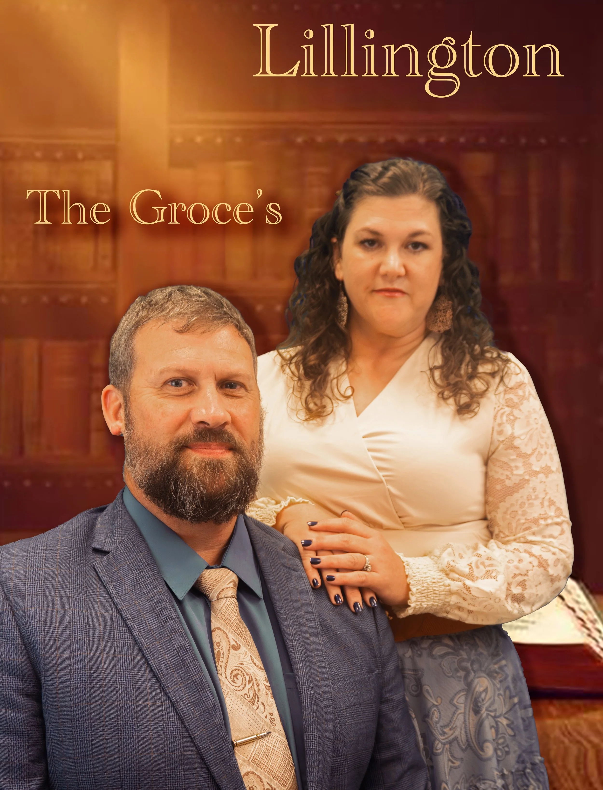 Two people in formal attire, a man with a beard and mustache wearing a gray plaid suit and a woman with curly hair wearing a cream-colored dress with lace sleeves, standing in front of a wood-paneled background with the words 'Lillington' and 'The Groce's' written on it.