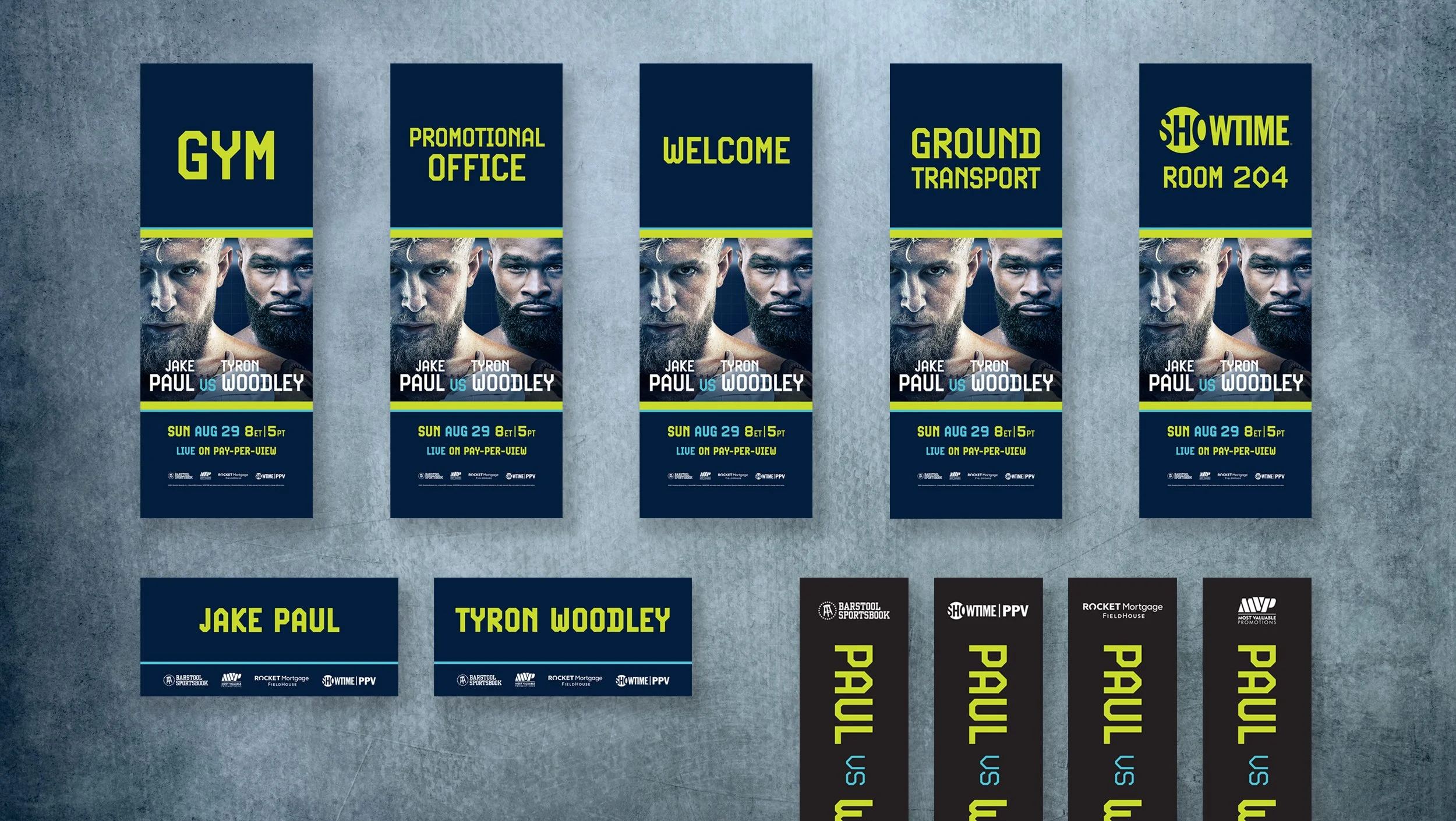 Pay-per-view boxing event needed directional signage, weigh-in name cards and ringer corner covers to coordinate with materials developed by Showtime.