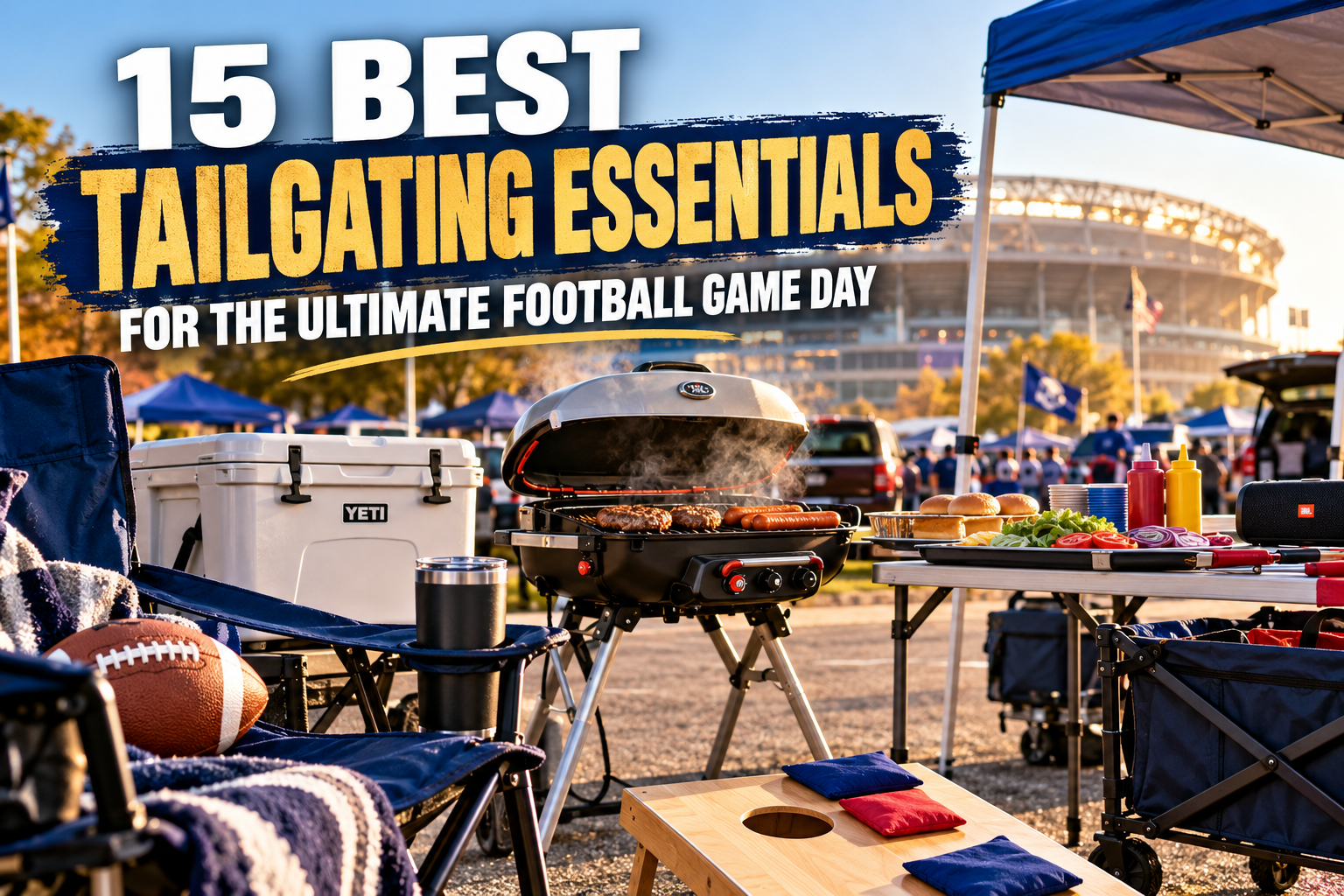 Best tailgating essentials for football game day, featuring a portable grill, cooler, folding chairs, canopy tent, cornhole boards, and tailgate accessories outside a football stadium.