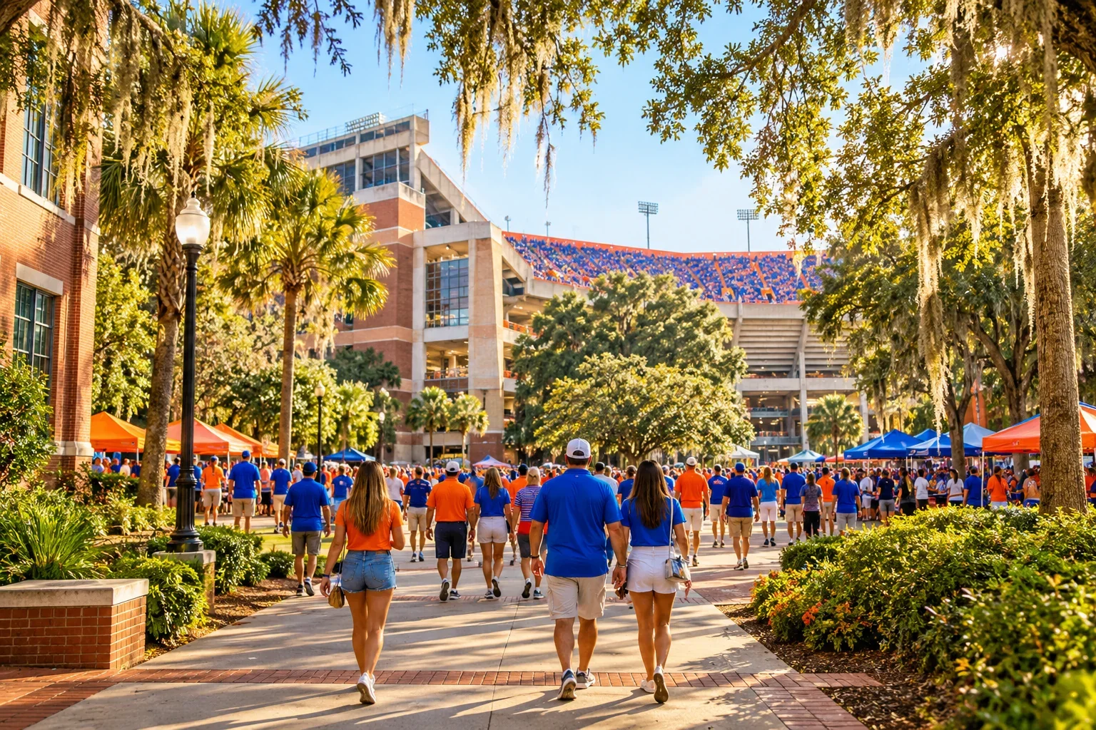 Florida football fans walking through a tree-lined Gainesville campus toward an outdoor stadium.