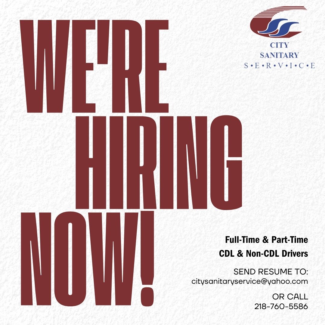 NOW HIRING at City Sanitary Service!

Our team is growing, and we have exciting full-time and part-time opportunities for both CDL and non-CDL driving positions. 

Ready to be part of our dedicated crew? Send your resume to citysanitaryservice@yahoo.