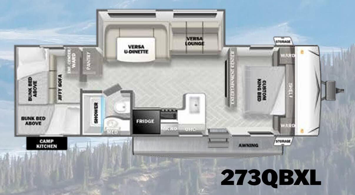 Salem 273QBXL travel trailer floor plan showing the custom king bed, entertainment center, Versa U-dinette and Versa lounge, kitchen, bathroom with shower, and rear bunk room with two bunks and a jiffy sofa.