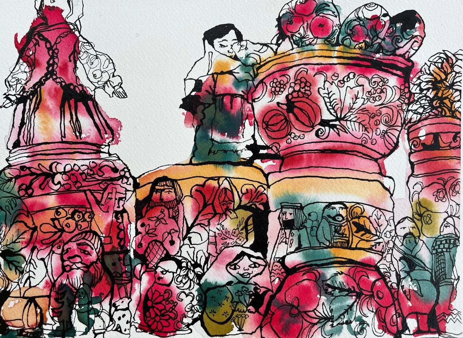 Russian Dolls, 2025, Watercolor on cold-pressed paper -10 3/4 x 8 in