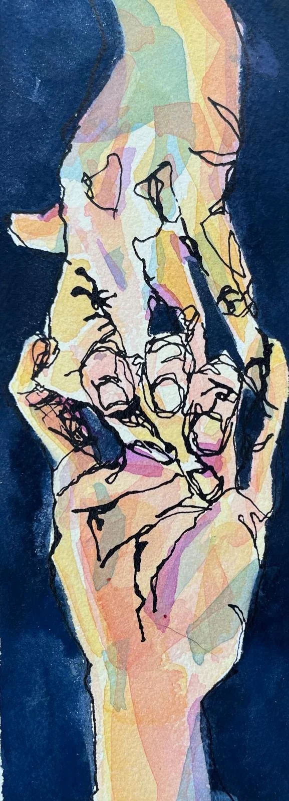 Intertwined, 2025, Watercolor and ink on cold-pressed paper - 3 1/2 x 9 1/2 in