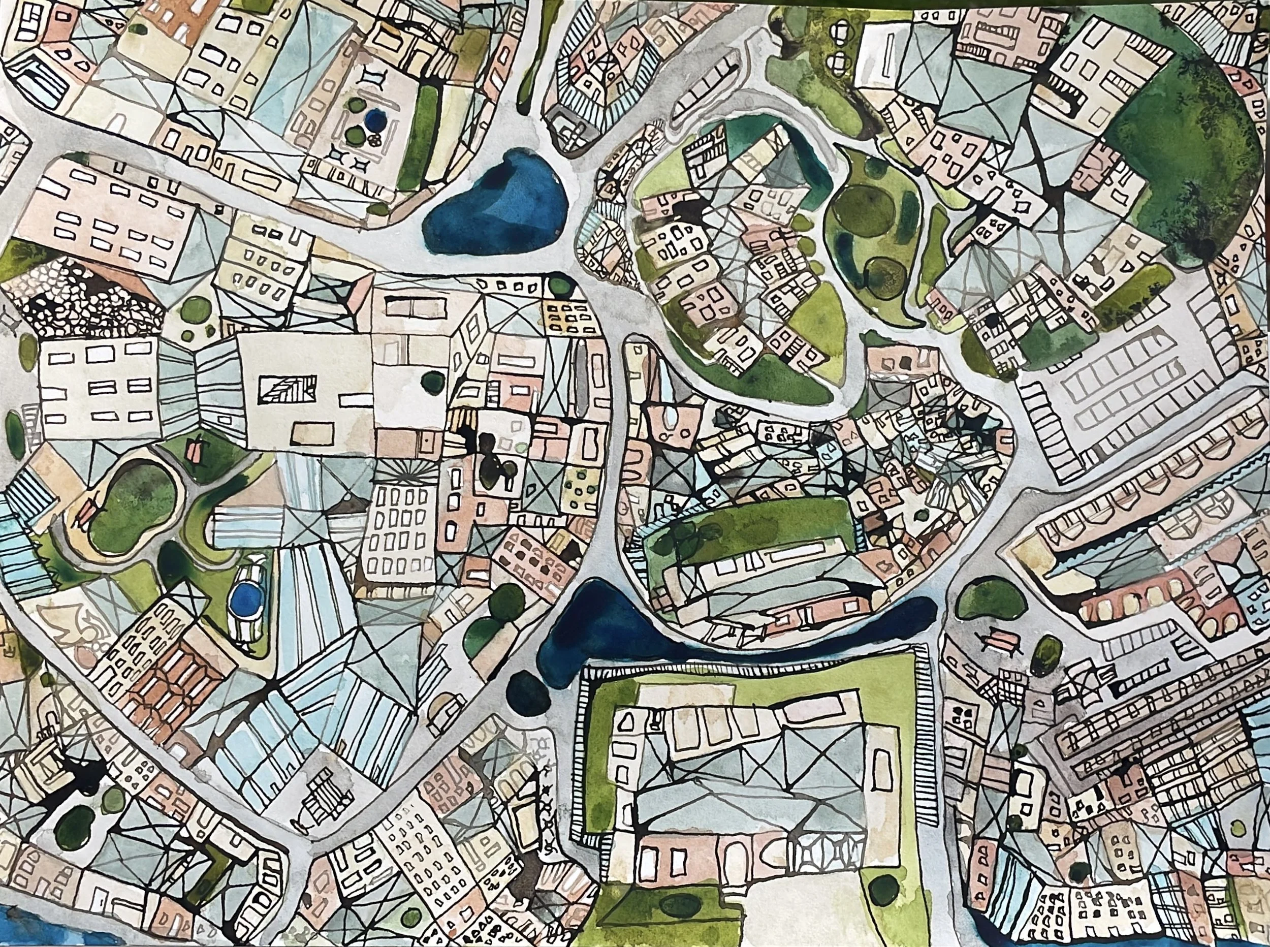 Combined Map, 2025, Watercolor on paper - 11 1/2 x 5 1/2 in
