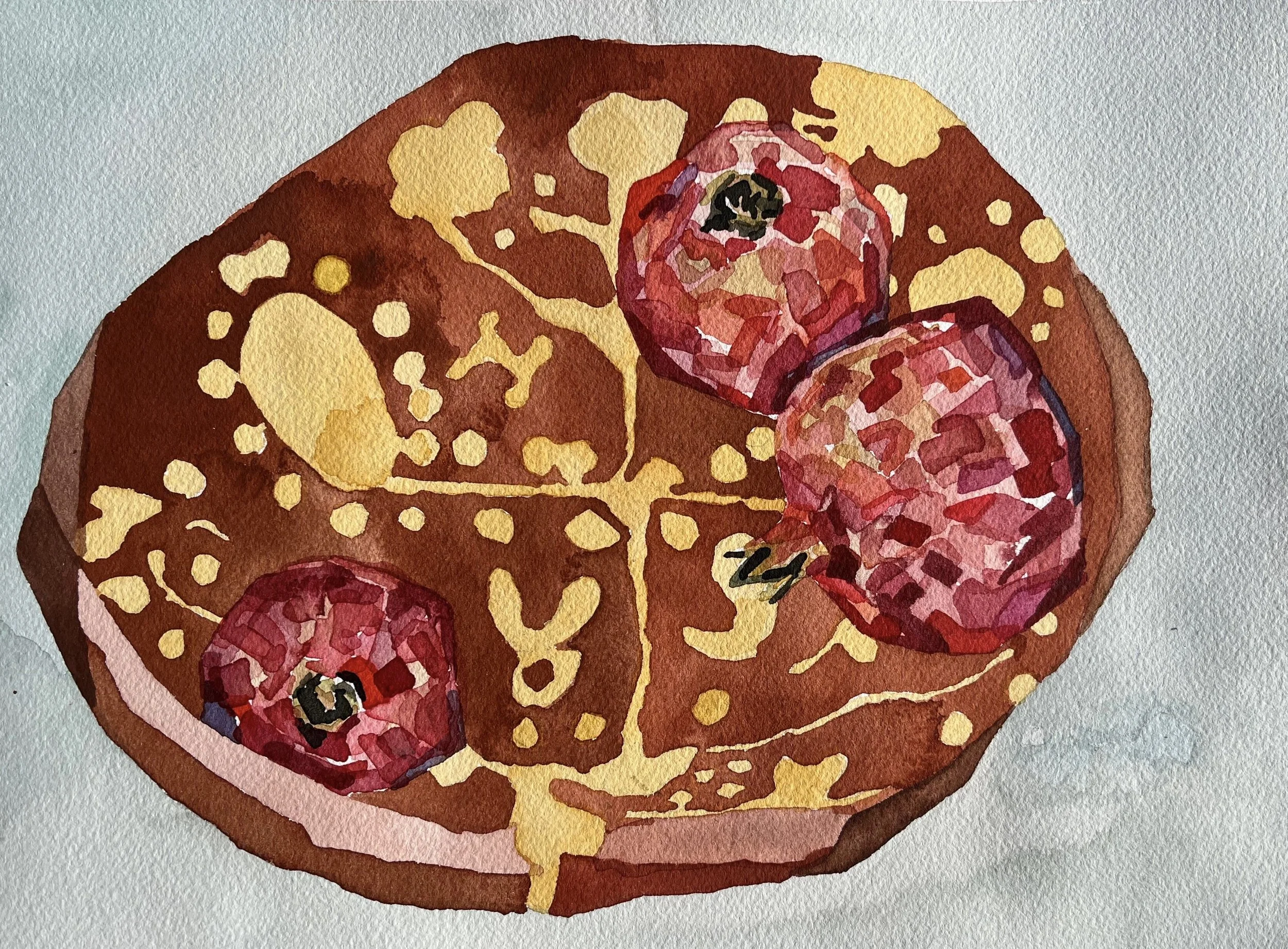 Pie Plate with Pomegranates, 2026, Watercolor on cold-pressed paper - 11 x 8 in