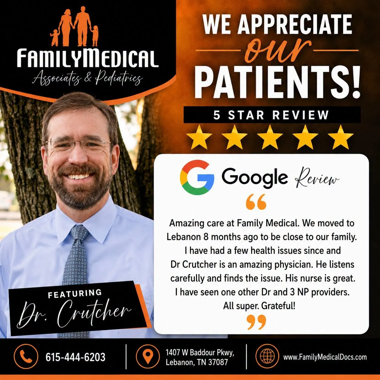 Dr. Samuel Crutcher, board-certified family medicine physician at Family Medical Associates & Pediatrics in Lebanon, Tennessee Google Review