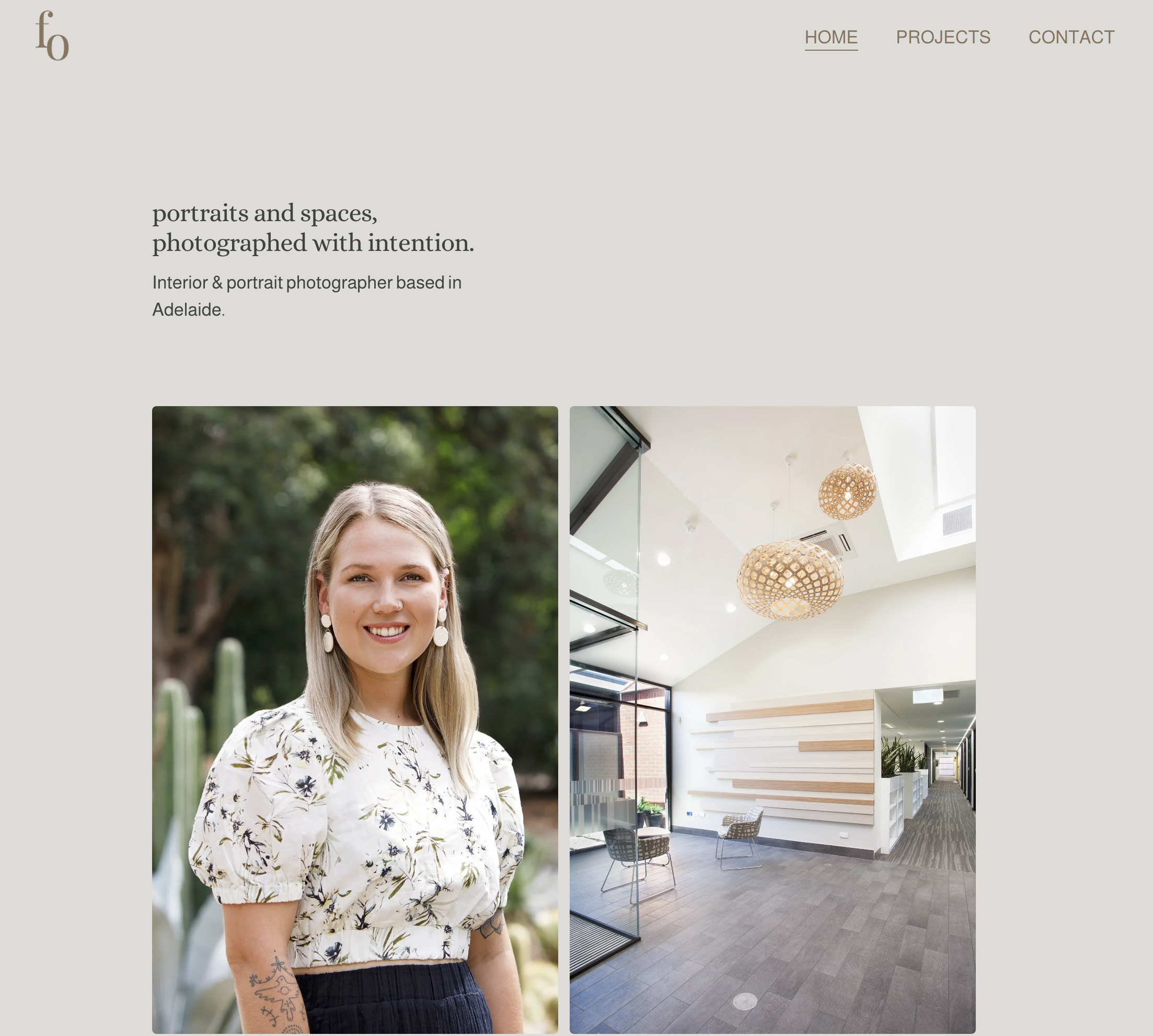 A split-screen image with a portrait of a young woman on the left, outdoors with green trees in the background, and an interior modern office or lobby on the right with white walls, pendant lights, and seating area.