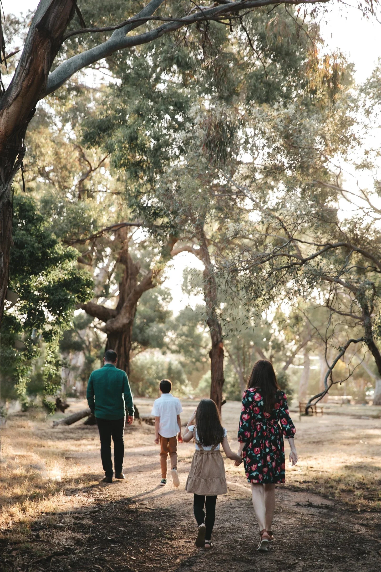 Family of four walks away together through a woodland during an outdoor family photography session.
